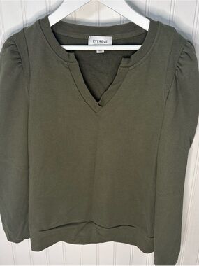 Evereve Olive Green V-Neck Puff Shoulder Sweatshirt